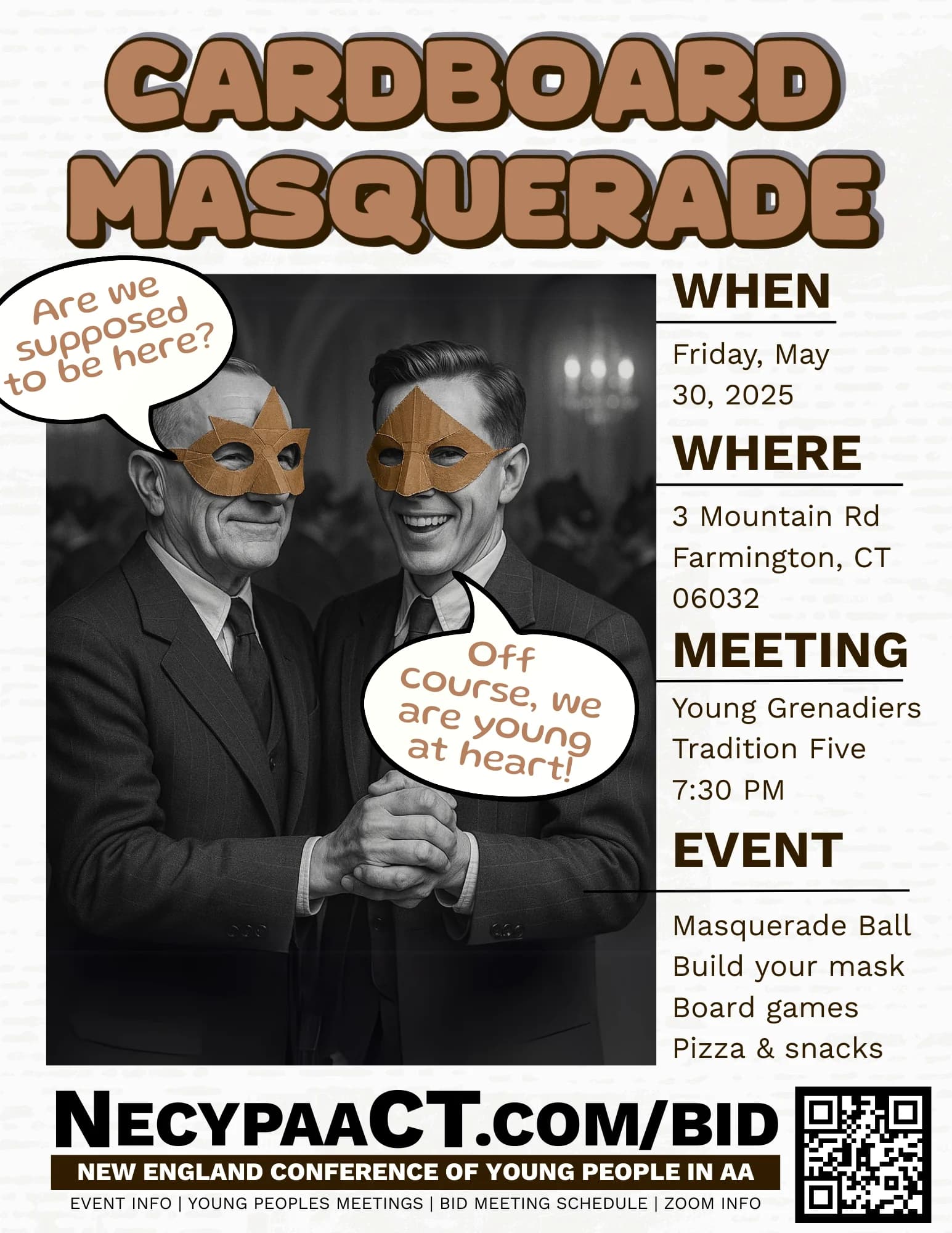 Cardboard Masquerade — Masquerade ball with build-your-own masks, board games, pizza and snacks, May 30th 2025 at 3 Mountain Rd Farmington CT