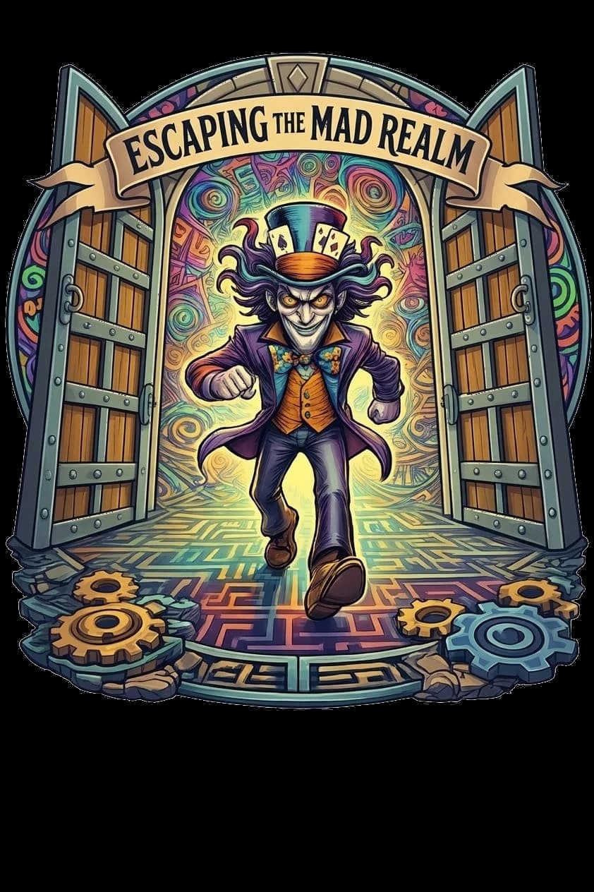 The Mad Hatter character escaping through ornate portal doors from the Mad Realm