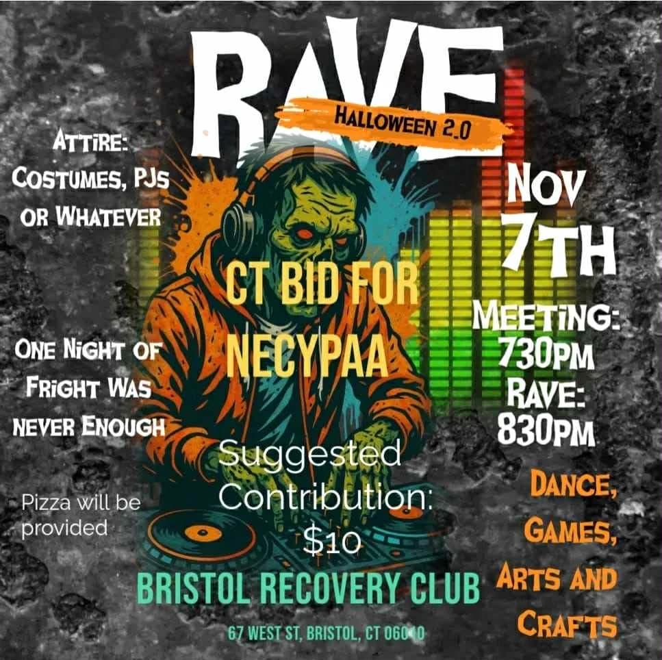 Rave Halloween 2.0 — Dance, games, arts and crafts, November 7th 2024 at Bristol Recovery Club, 67 West St, Bristol CT