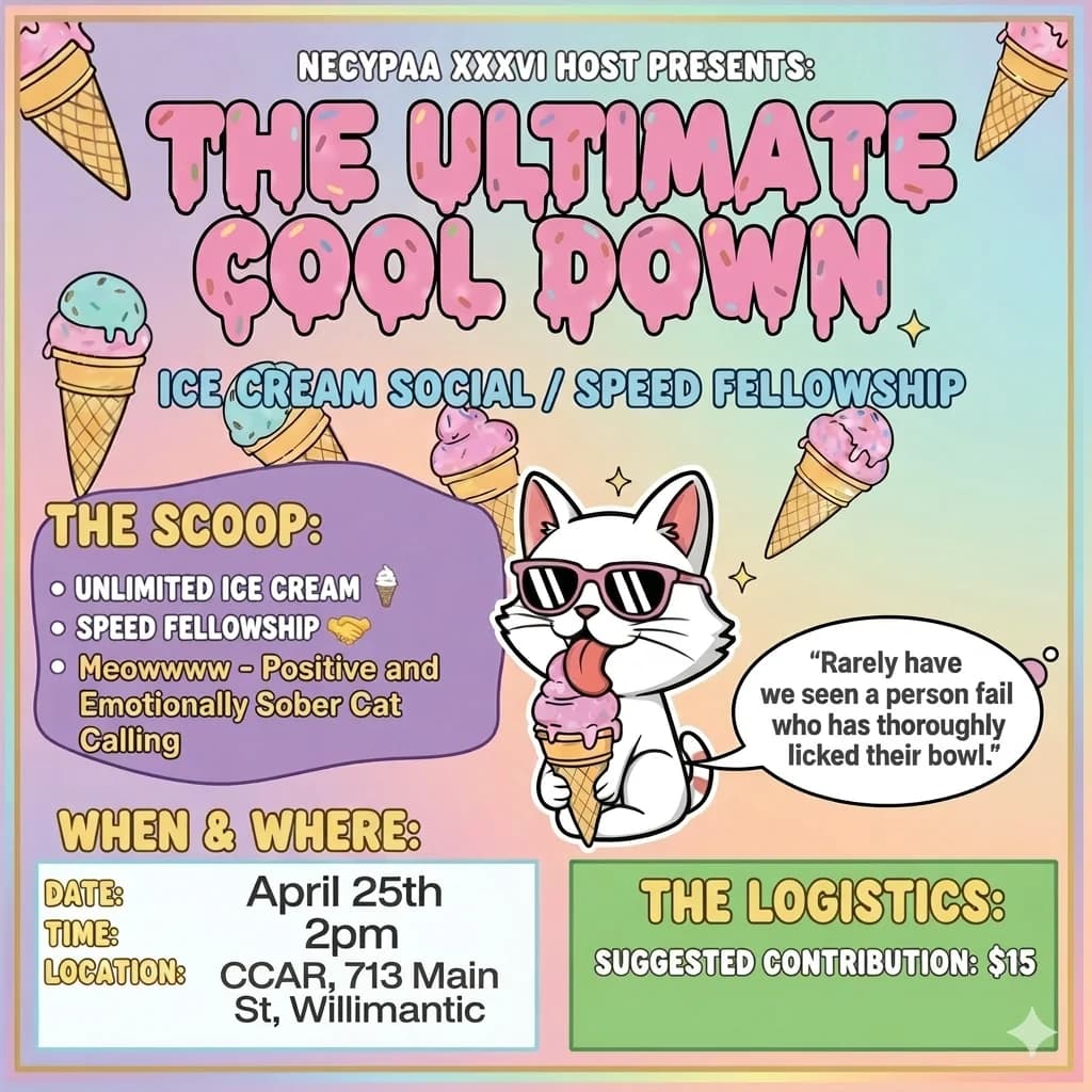 The Ultimate Cool Down — Ice Cream Social and Speed Fellowship, April 25th at 2 PM, CCAR 713 Main St Willimantic