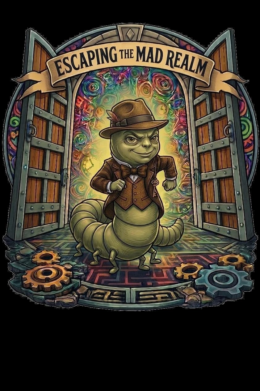The Caterpillar character escaping through ornate portal doors from the Mad Realm