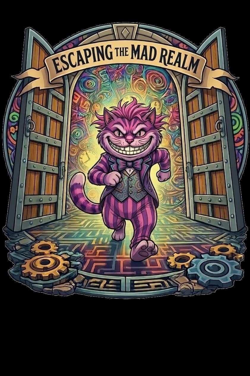 The Cheshire Cat character escaping through ornate portal doors from the Mad Realm